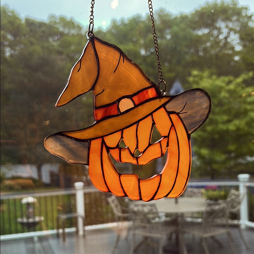 Stained Glass Pumpkin Witch Suncatcher